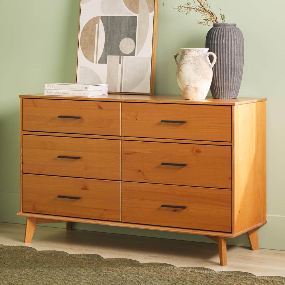 Caramel Solid Pine Wood 6-Drawer Dresser with Metal Handles