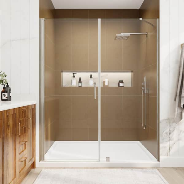 Hoven 60 in. W x 72 in. H Pivot Frameless Shower Door in Nickel Finish with Clear Glass