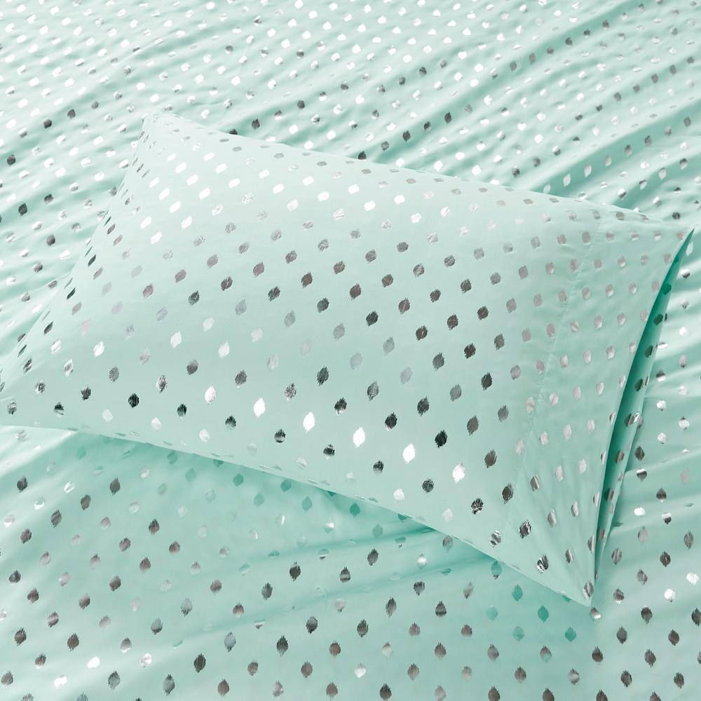 Twin Aqua and Silver Metallic Dot Microfiber Sheet Set