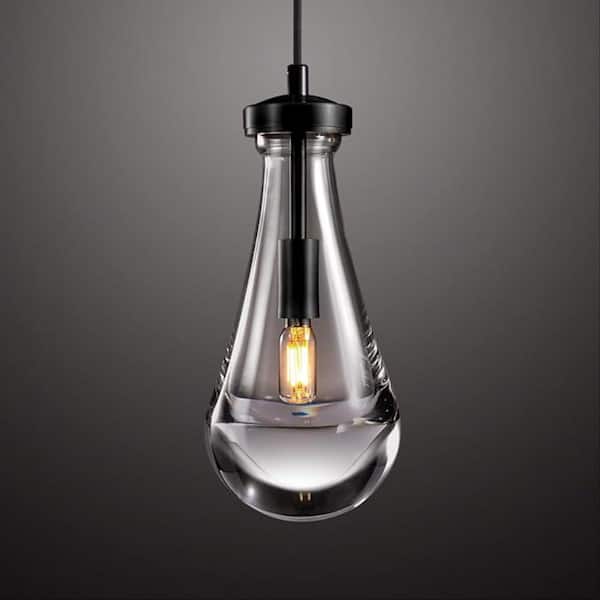 1 Light Black Pendant Light with Handblown Glass Shade and Rod, Brushed Brass Finish Hanging Light Fixture