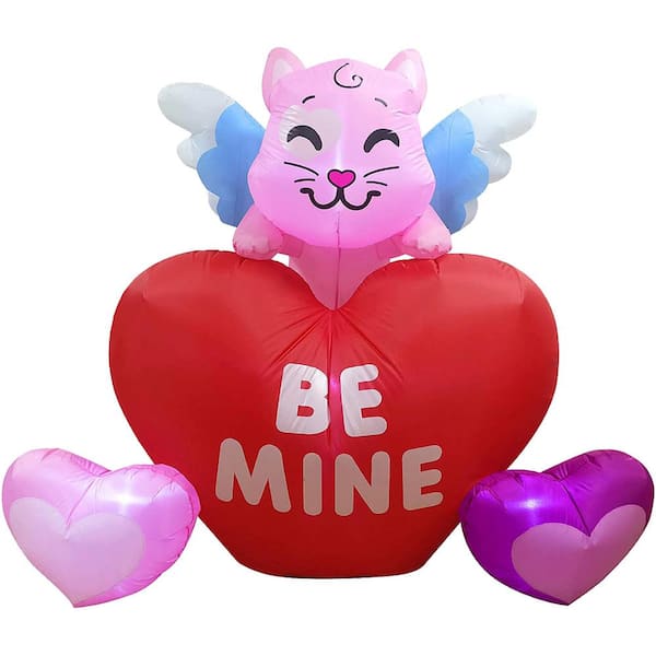 JOYIN 6 ft. LOng Multicolored NylOn Indoor Outdoor Kitty On Heart Inflatable with Built-In LED Lights, Yard Lawn DecoratiOn