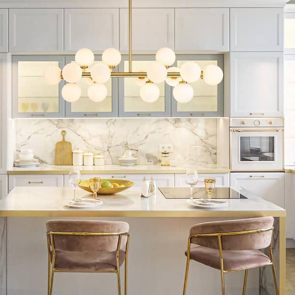 Lane 16-Light Mid-Century Modern Gold Linear Chandelier for Kitchen Island with Milky White Bubble Glass Globe