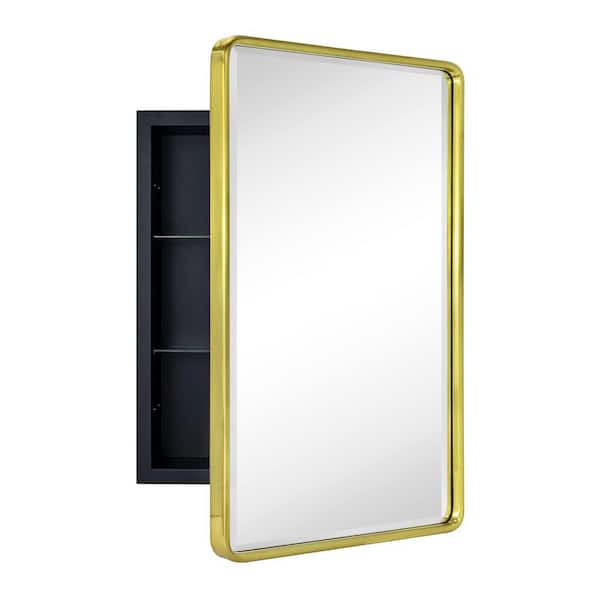 TEHOME Farmhouse 16 in. W x 24 in. H Recessed Rectangular Metal Framed Bathroom Medicine Cabinets with Mirror in Brushed Gold