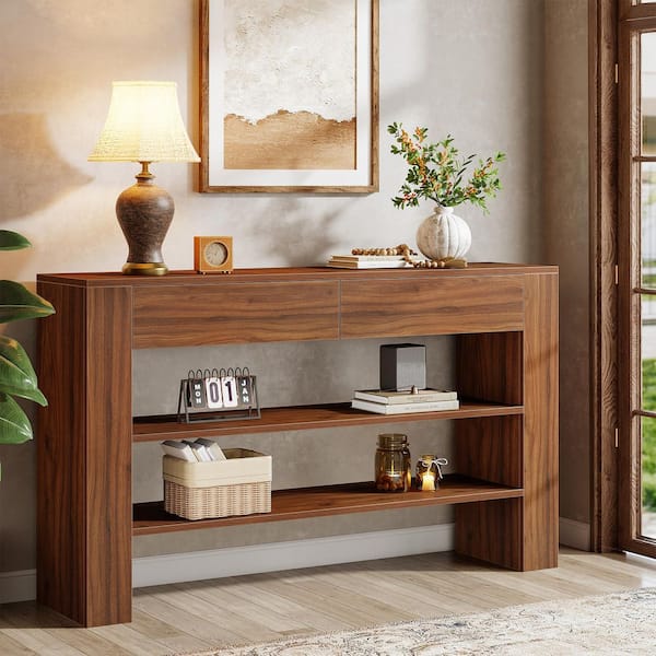 Benjamin 53 in. Walnut Color Rectangle Engineered Wood Console Table with 2 Drawers and Storage Shelves, Entryway Table