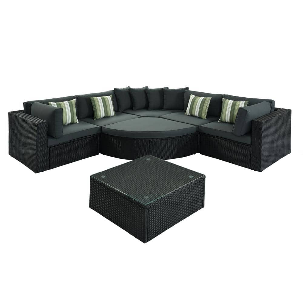 Gray 7-piece Wicker Patio Conversation Sectional Seating Set with Striped Green Pillows and Gray Cushions -  GOSHADOW, JK645656EEI