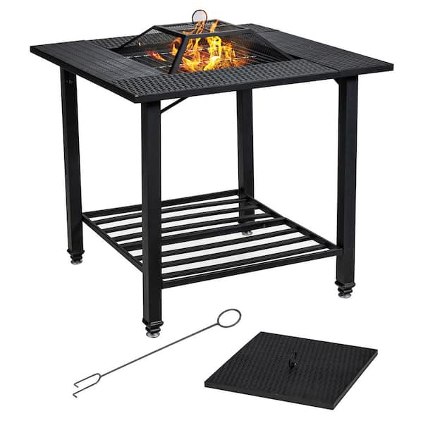 Costway 31 in. Outdoor Steel Fire Pit Dining Table Charcoal Wood Burning W/Cooking BBQ Grate