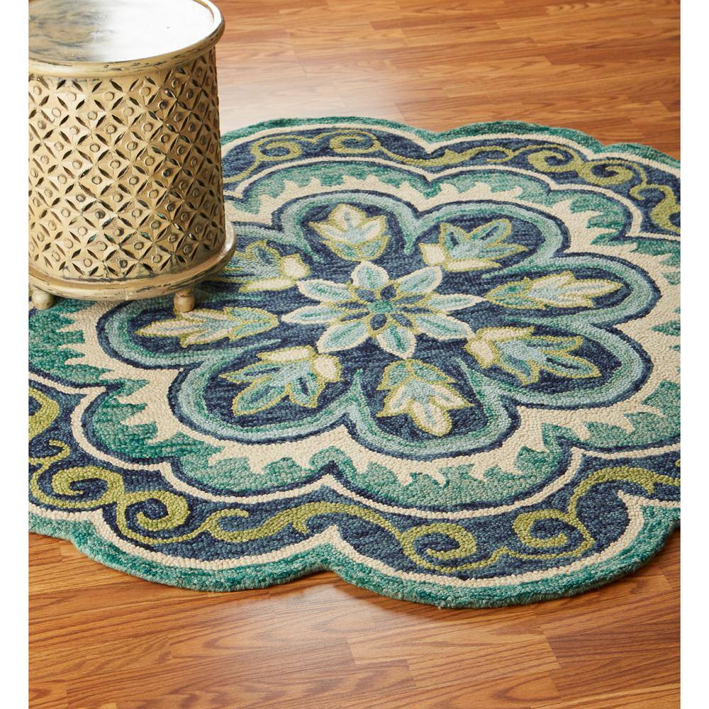 Handmade Blue and Green Floral Wool Round Area Rug