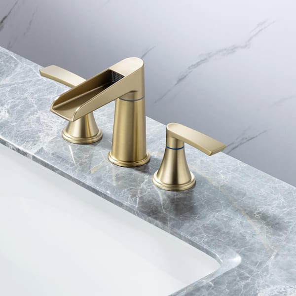 Waterfall 8 in. Widespread Double Handle Bathroom Faucet with Drain Assembly in Brushed Gold