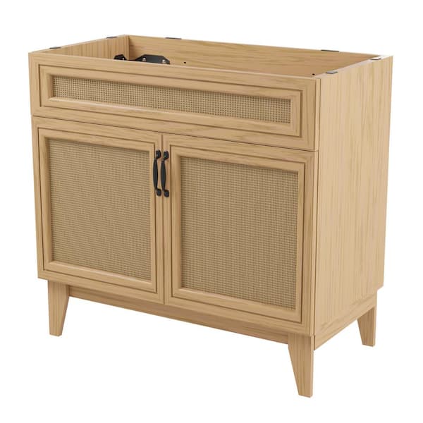 Javer 36 in. W x 18 in. D x 33 in. H Rattan 2-Shelf Bath Vanity Cabinet without Top (Sink Basin not Included), Oak