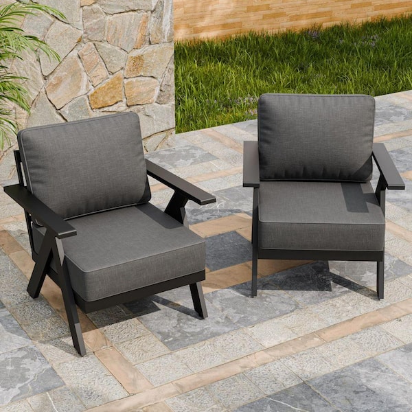 Modern Black Rust-Resistant Metal Frame Outdoor Lounge Chair with Gray Cushions (Set of 2)