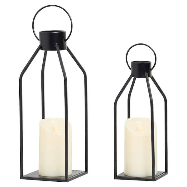 Black Metal Candle Lanterns with Lifting Handle for Holiday Home Outdoor Decor (2-Pack)