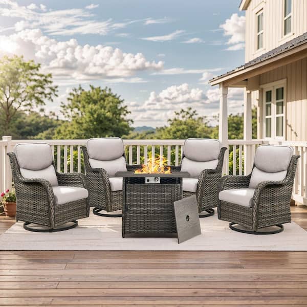 Luxury 5-Piece Gray Wicker Fire Pit Conversation Set with Olefin Beige Cushions and Swivel Glider Rocking Chairs