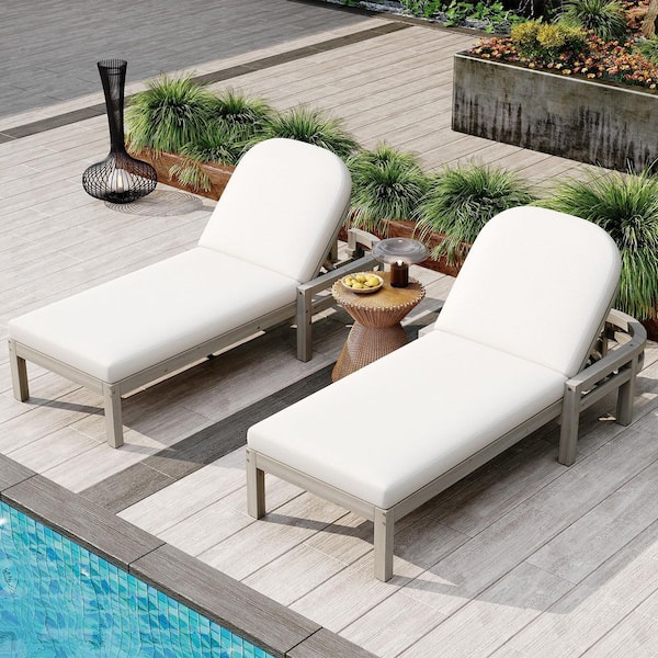 Olyra Patio Gray Solid Wood Outdoor Chaise Lounge with White Cushions and Adjustable Backrest, Set of 2