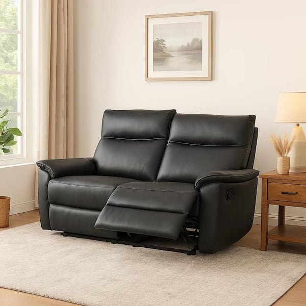 Lenne 62.5 in. Solid Print Leather 2-Seater Manual Reclining Loveseat in Black