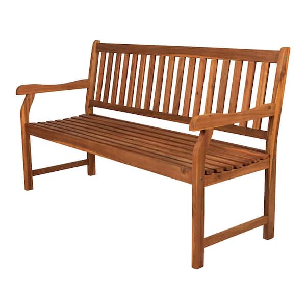 JONATHAN Y Laurel 59.1 in. Wood 3-Seat Slat-Back 600 lbs. Support Acacia Outdoor Garden Patio Bench, Teak