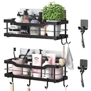 12.6 in. W x 3.43 in. D Black Bathroom Decorative Wall Shelf with 8 Hooks, 2-Pack