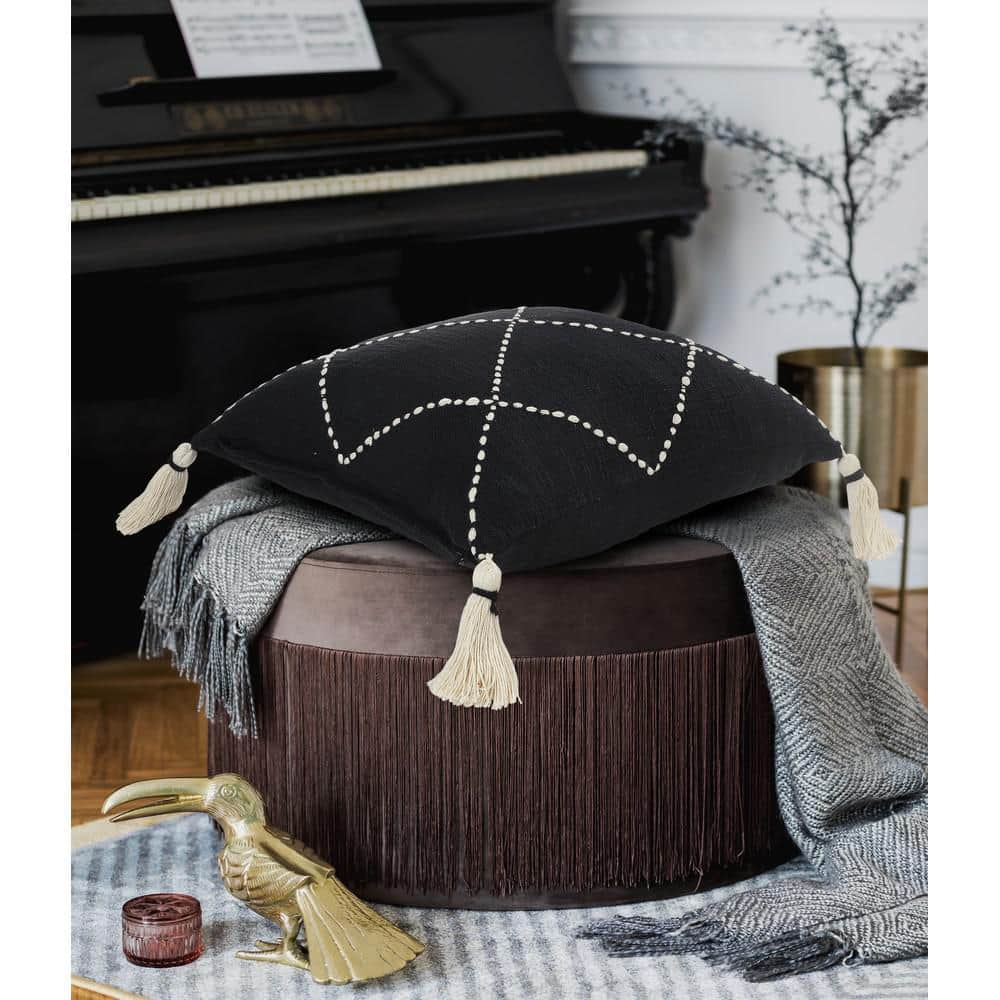 Geometric Black and White Embroidered Tassel Throw Pillow 20x20