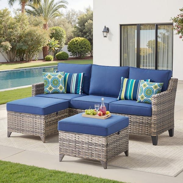Buenaola 3-Piece Metal and Wicker Outdoor Sofa Couch Set with Ottomans, Patio Conversation Set with Blue Cushions