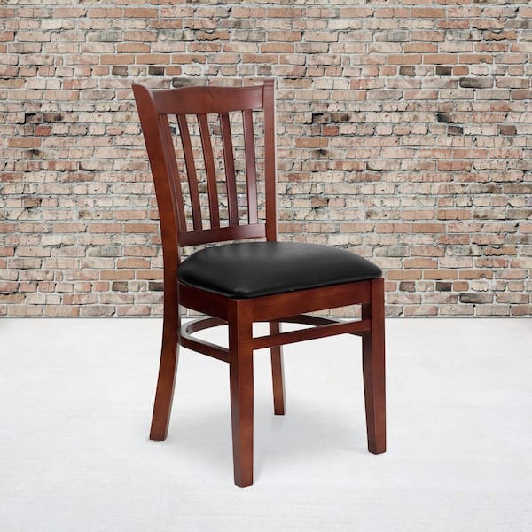 Hercules Series Mahogany Vertical Slat Back Wooden Restaurant Chair with Black Vinyl Seat