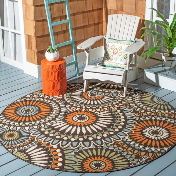 Veranda Chocolate/Terracotta 7 ft. x 7 ft. Floral Geometric Indoor/Outdoor Round Area Rug