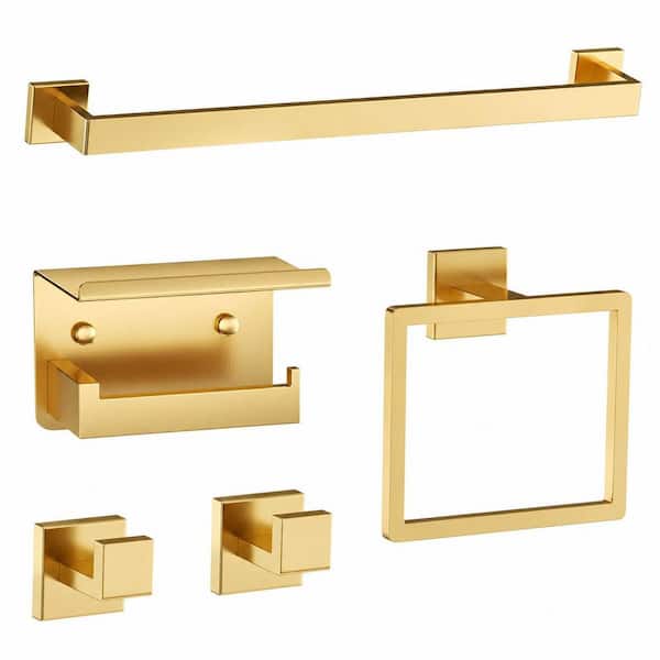 Stainless Steel 5-Piece Brushed Gold Bathroom Hardware Set with Wall-Mounted Towel Bar, 23.6 in.