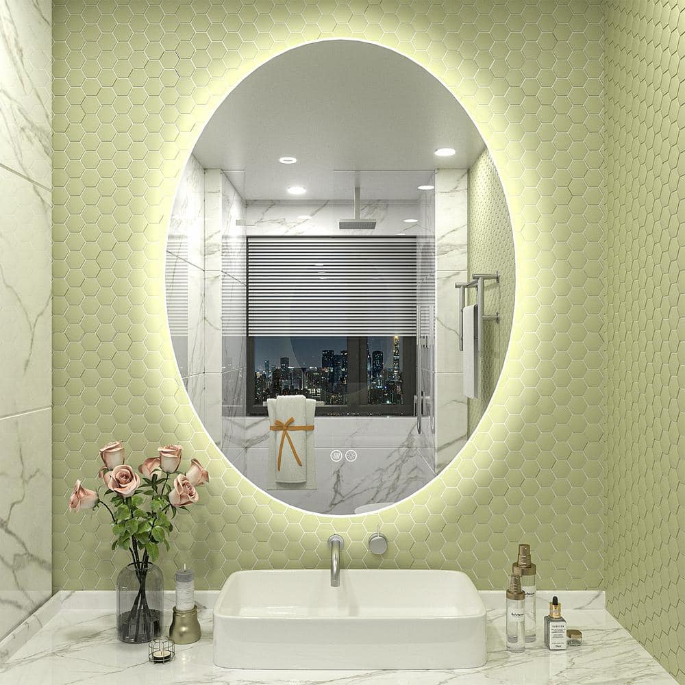 28x20 Inch Frameless Oval LED Backlit Anti-Fog Vanity Mirror