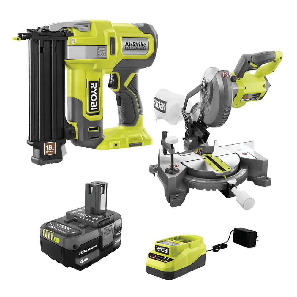 RYOBI ONE+ 18V Cordless 2-Tool Combo Kit with 18-Gauge AirStrike Brad  Nailer, 7-1/4 in. Miter Saw, 4.0 Ah Battery, and Charger P321K1N-P553 The  Home Depot
