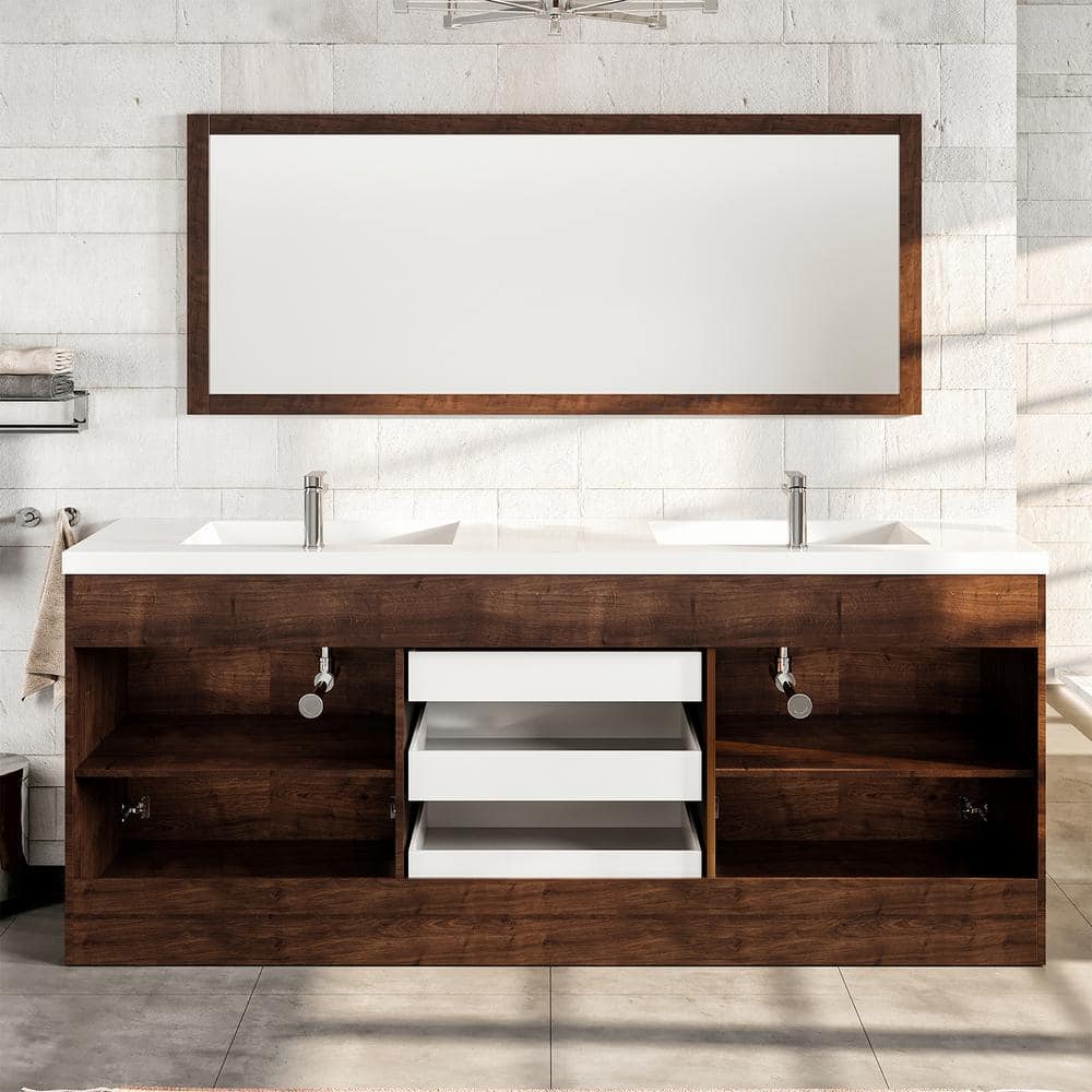 Lugano 84" Rosewood Modern Freestanding Double Vanity with Integrated White Acrylic Sinks