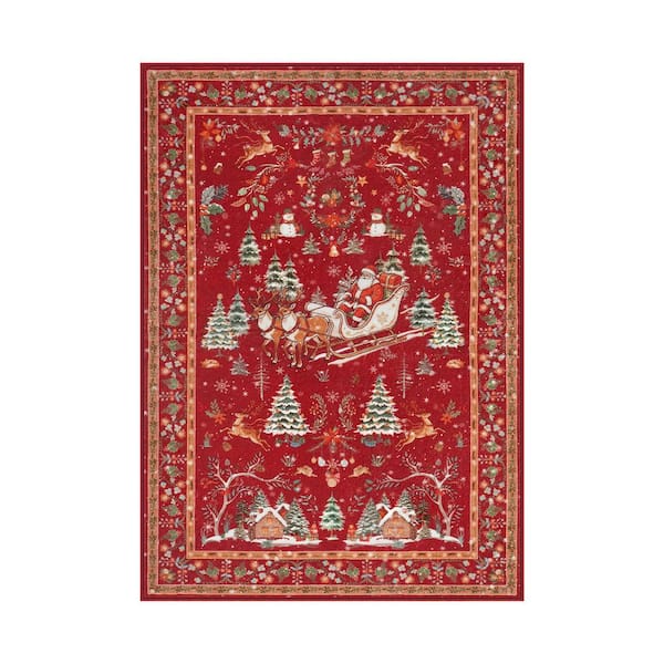 Vintage Christmas Santa Reindeer Red Soft Non-Slip 2 ft. x 10 ft. Kitchen/Bedroom/Hallway Indoor Runner Rug