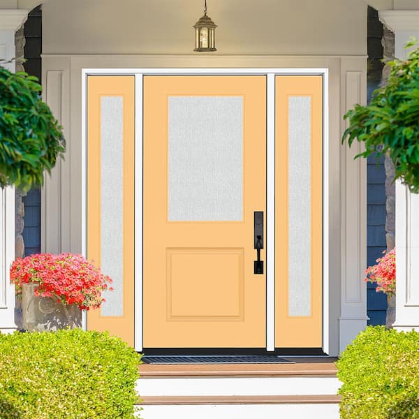 Legacy 64 in. W. x 80 in. 1/2 Lite Rain Glass RHOS Primed Jackfruit Finish Fiberglass Prehung Front Door Db 12 in. SL
