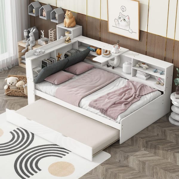 Harper Bright Designs White Wood Frame Twin Platform Bed with Rotatable Board Linen Hidden Storage Headboard Shelves Twin Trundle QHS491AAK T The Home Depot