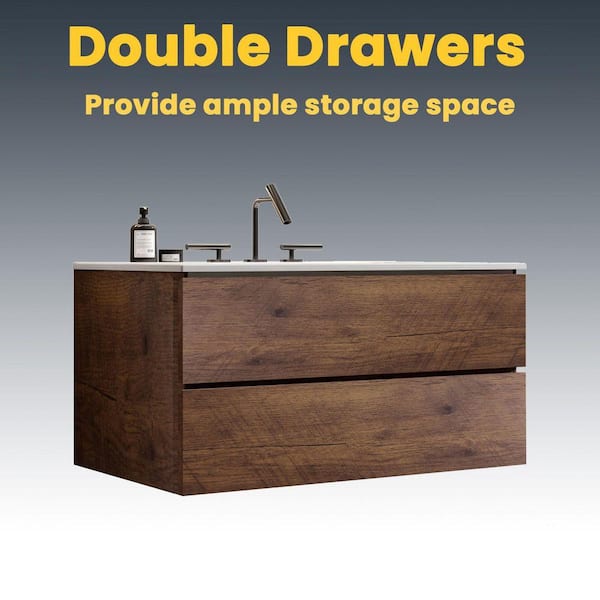 FAMYYT 36 in. W Single Sink Floating Walnut Bath Vanity with White