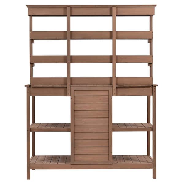 Unbranded 19.7 in. W x 66 in. H Brown Outdoor Farmhouse Wooden Potting Bench Table, Garden Workstation for Backyard, Mudroom