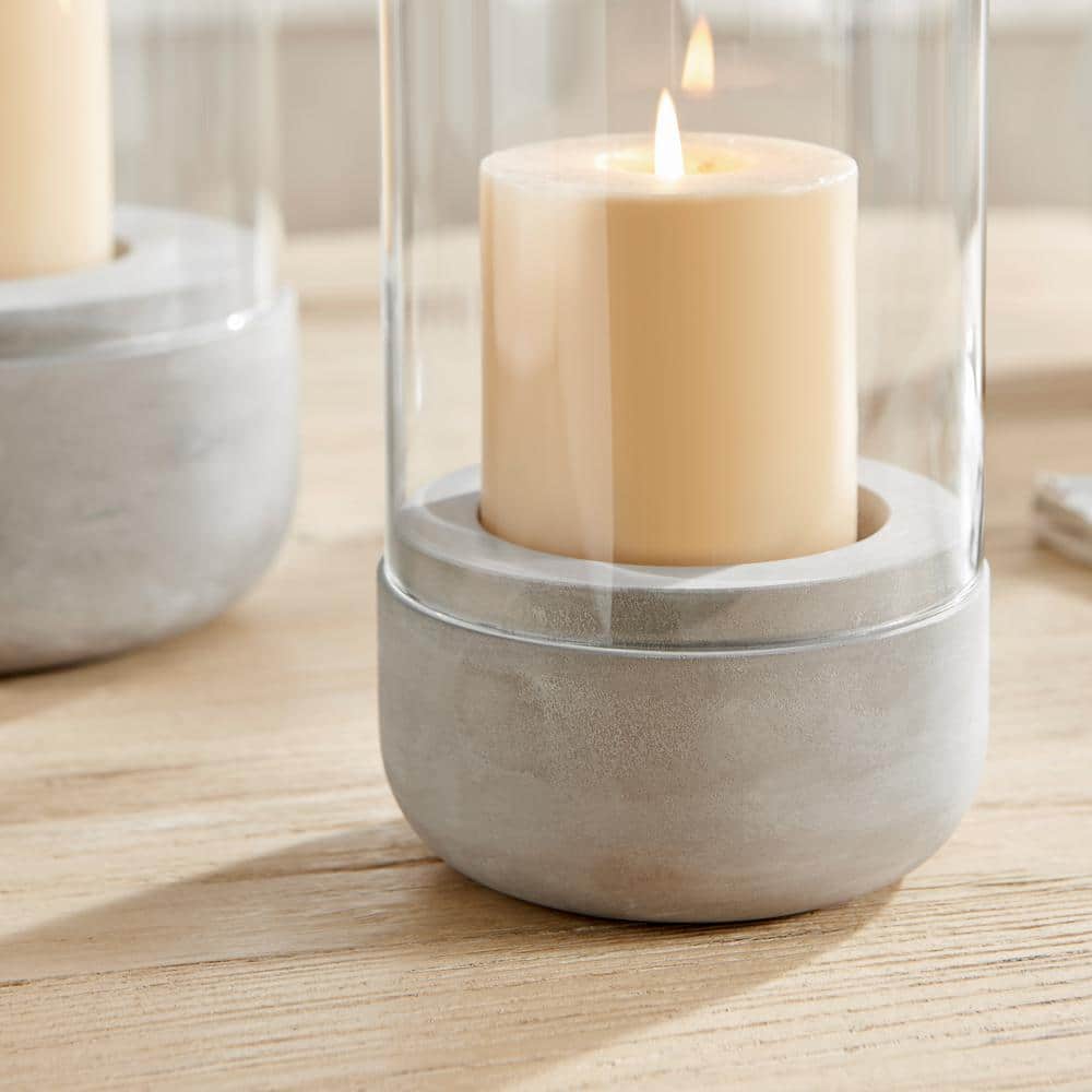 Small Cool Gray Cement Base and Glass Hurricane Candle Holder