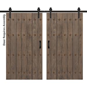 Mid-Century New Style 84 in. x 84 in. Smoky Gray Finished Solid Wood Double Sliding Barn Door with Hardware Kit