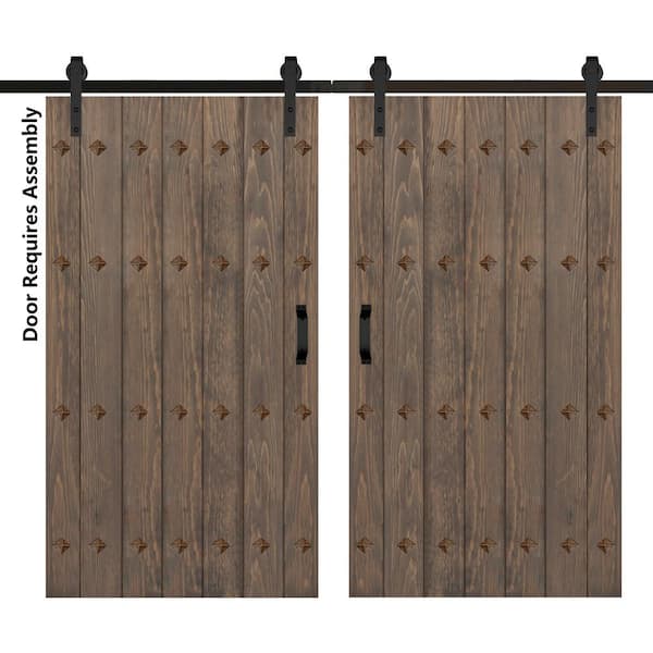 ISLIFE Mid-Century New Style 84 in. x 84 in. Smoky Gray Finished Solid Wood Double Sliding Barn Door with Hardware Kit