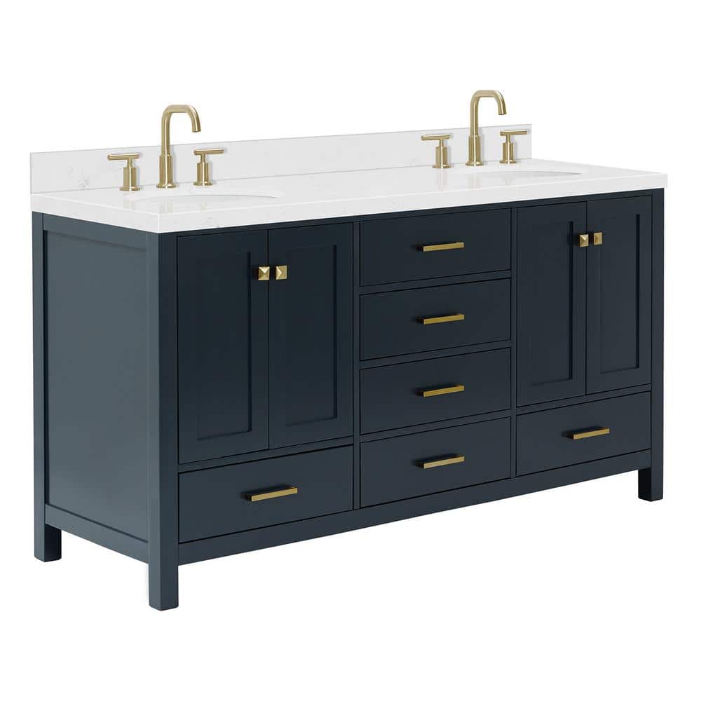 Midnight Blue Wood Freestanding Double Vanity with White Quartz Top