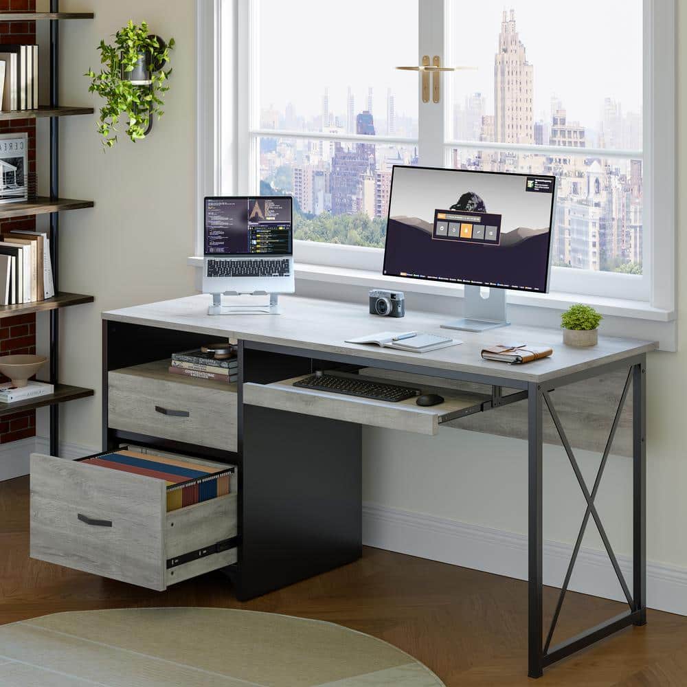 Bestier 55 in. Rectangular Retro Grey Oak Light Office Desk with