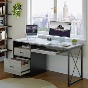 55 in. Rectangular Retro Grey Oak Light Office Desk with Storage File Drawers and Keyboard Tray