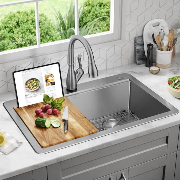 Delta - Rivet 25in Workstation Kitchen Sink Drop-In Top Mount 16 Gauge Stainless Steel Single Bowl with Workflow Ledge and Accessories