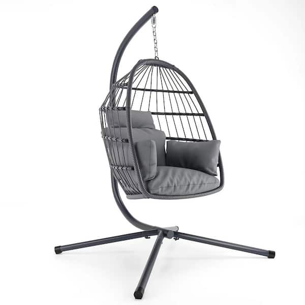 Angel Sar 1-Person Gray Wicker Foldable Patio Swing Hanging Egg Chair with Gray Stand and Cushion