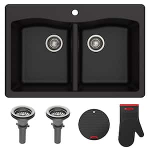 Forteza All-in-One Drop-In/Undermount Granite Composite 33 in. 1-Hole 50/50 Double Bowl Kitchen Sink in Black