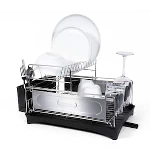 Compact 18.25 in. Stainless Steel Black 2-Tier Fingerprint-Proof Stainless Steel Dish Rack with Swivel Spout Tray