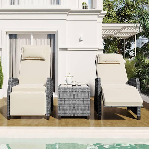 Zeus & Ruta 3-Piece Wicker Outdoor Chaise Lounge Combination with Adjustable Backrest, Coffee Table and Beige Cushions for Balcony