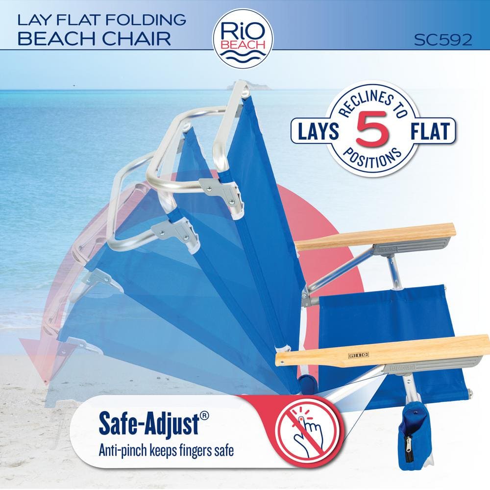 Green and Blue Striped Aluminum Folding Beach Chair with Wooden Arms