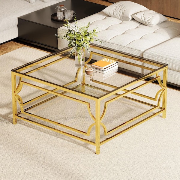 JUJABU 33.5 in. Transparent Gold Square Glass Coffee Table with