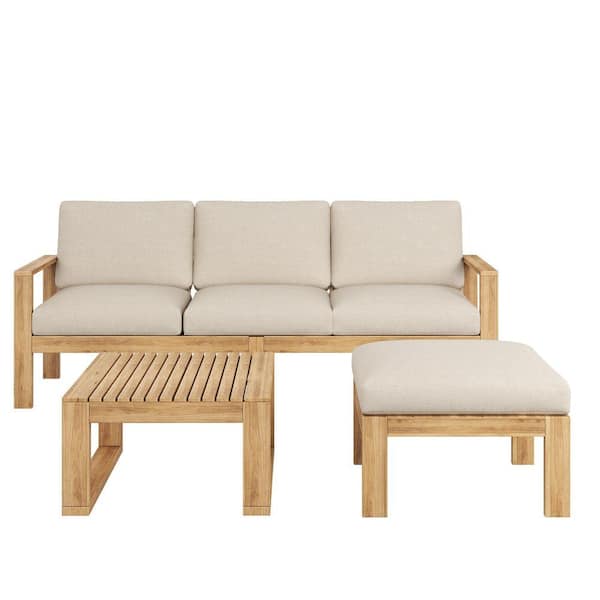 Teak 3-Piece Acacia Wood Outdoor Patio Sofa Sectional Set with Light Gray Cushions and Coffee Table