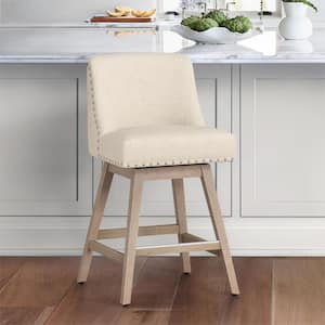 Hampton 26 in. Solid Wood Beige Swivel Bar Stools with Back Linen Fabric Upholstered Counter Bar stool Set of 1