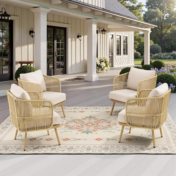 Buenaola Nyajiah Yellow Patio Wicker Outdoor Lounge Chair with Thick Beige Cushions (4-Pack)
