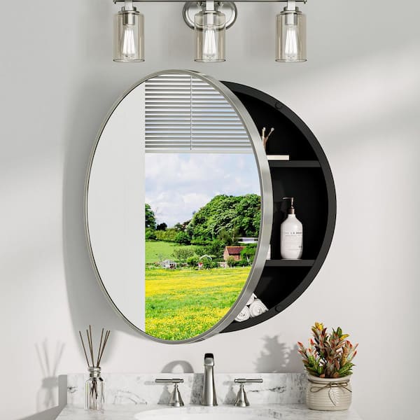 30 in. W x 30 in. H Round Brushed Nickel Metal Framed Surface Mount Medicine Cabinet with Mirror